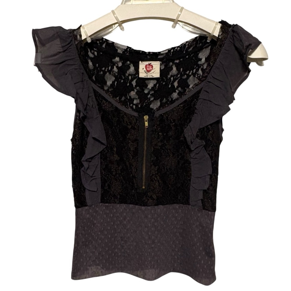 FREE PEOPLE Lace Crochet Ruffle Zip-Front Top